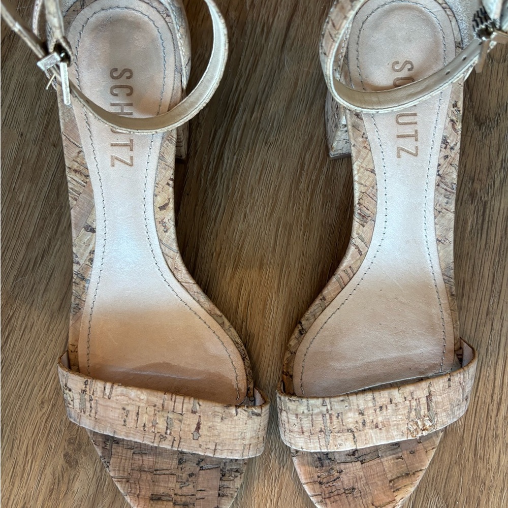 Schutz Tan Heeled Sandals with Elegant Cork Design